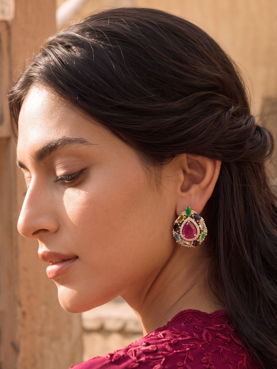 Zarika Navratna Teardrop Pendant Chain With Earring