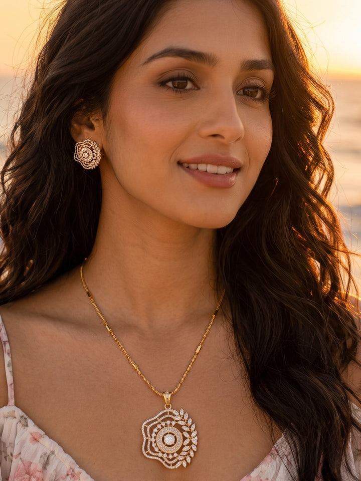 Zarika Floral Diamond Pendant Chain With Earring