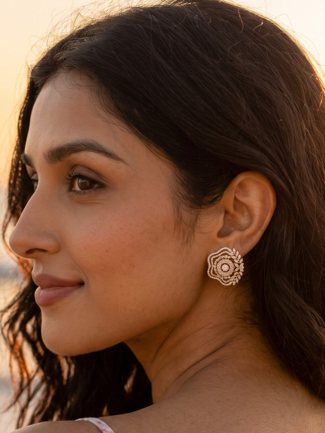 Zarika Floral Diamond Pendant Chain With Earring