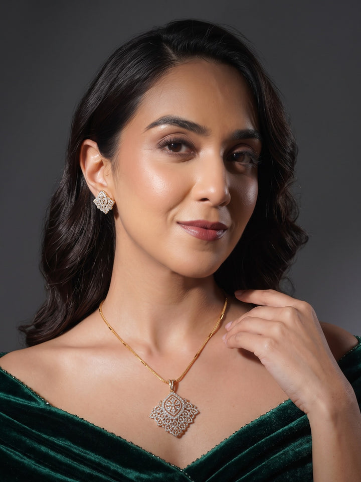 Zarika Diamond Cluster Statement Pendant Chain With Earring