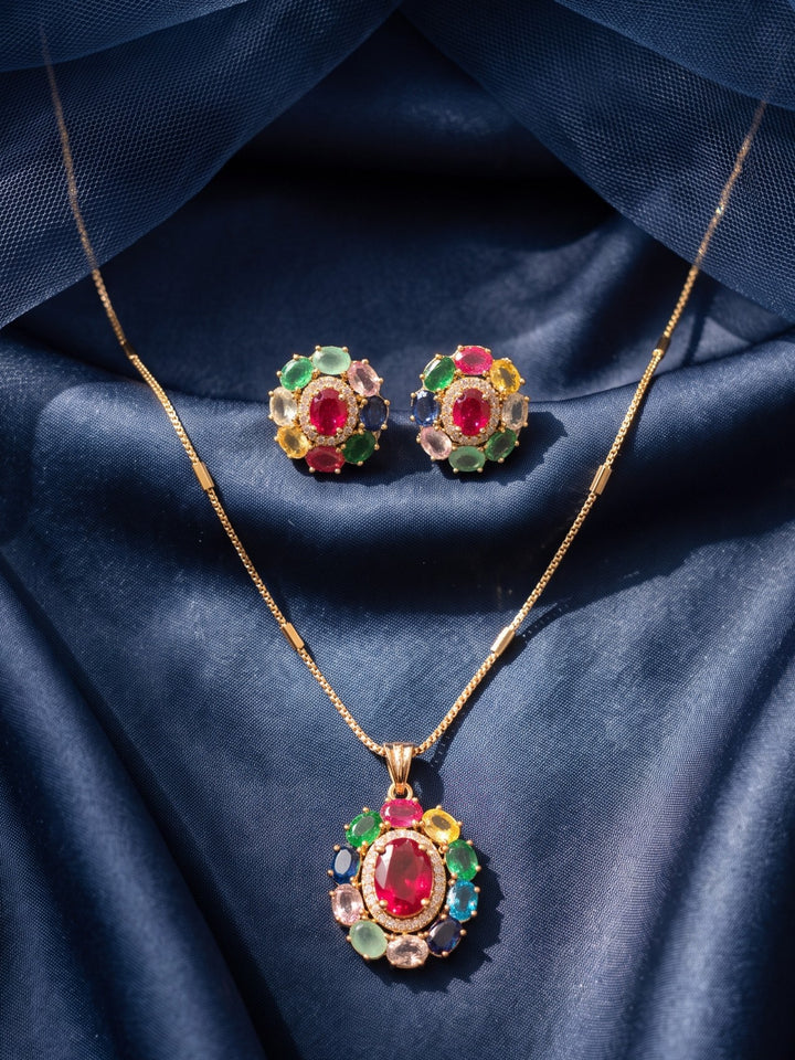 Zarika Navratna Pendant Chain With Earring