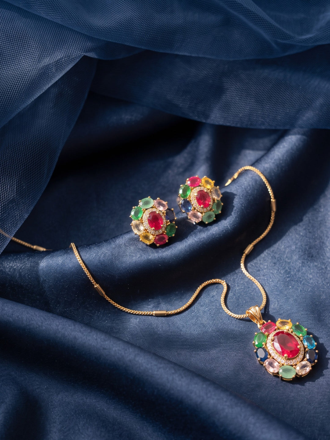 Zarika Navratna Pendant Chain With Earring
