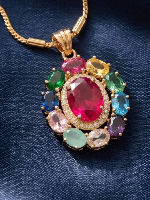 Zarika Navratna Pendant Chain With Earring