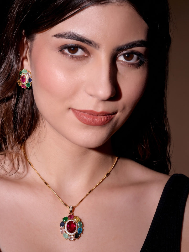 Zarika Navratna Pendant Chain With Earring