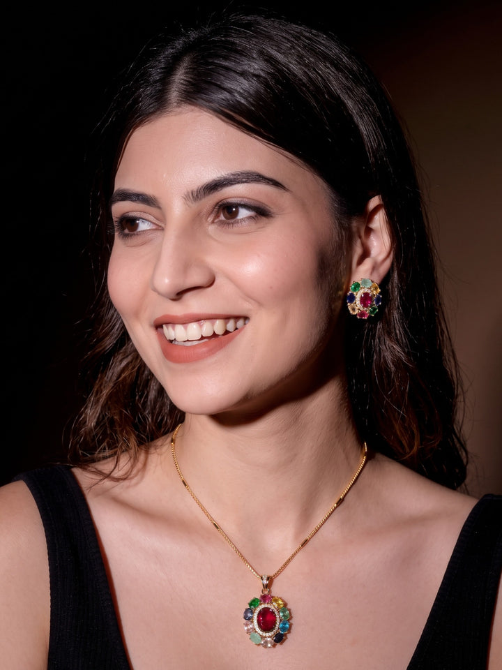 Zarika Navratna Pendant Chain With Earring