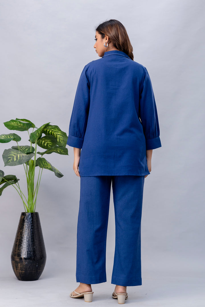 Viyona Cobalt Floral Embroidered Cotton Co-ord Set
