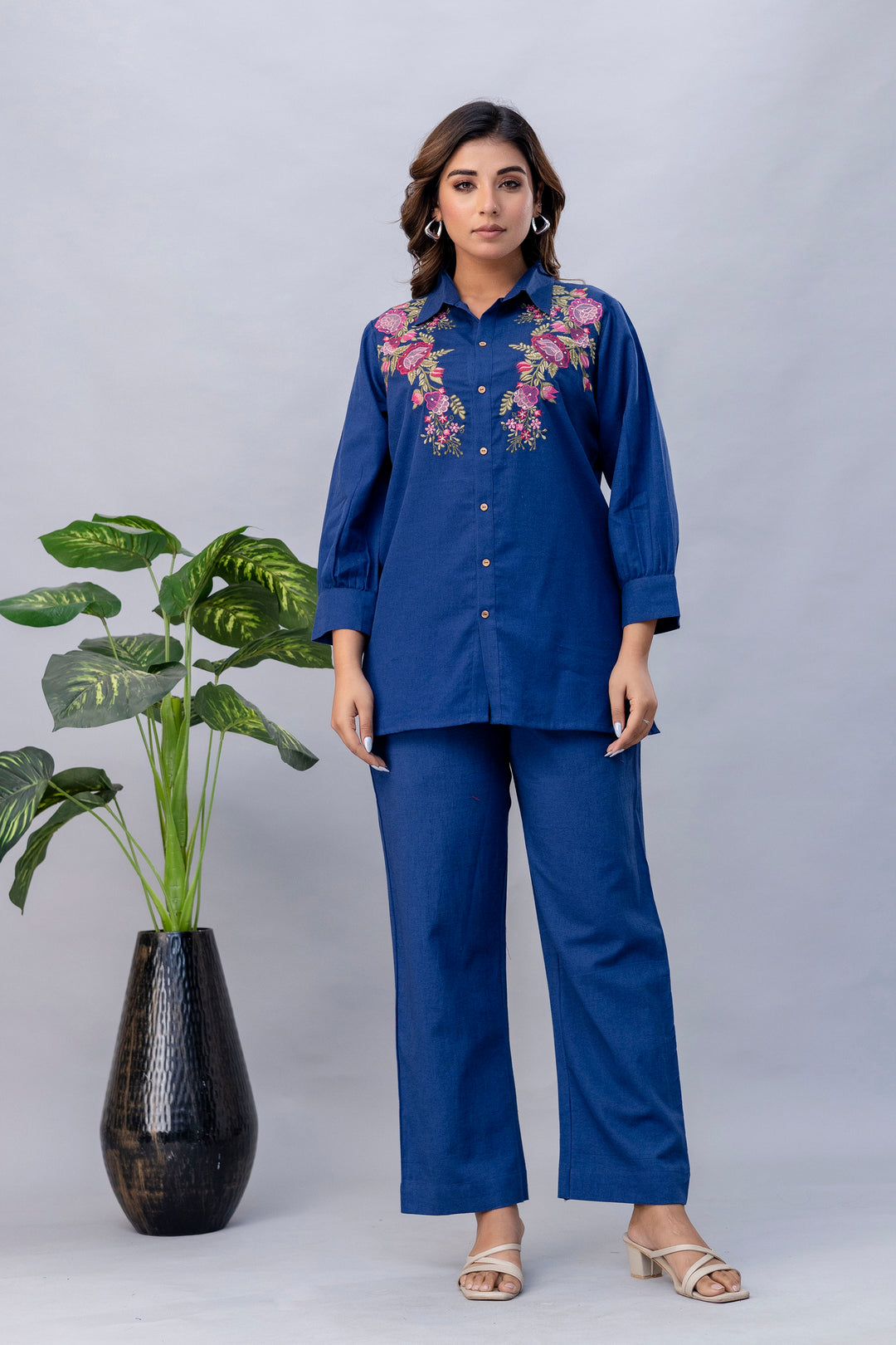 Viyona Cobalt Floral Embroidered Cotton Co-ord Set