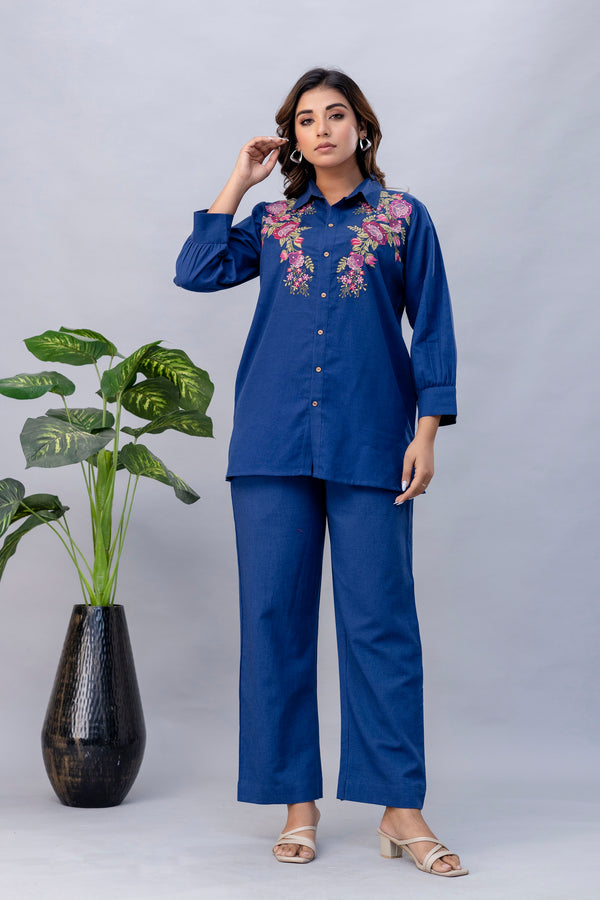 Viyona Cobalt Floral Embroidered Cotton Co-ord Set