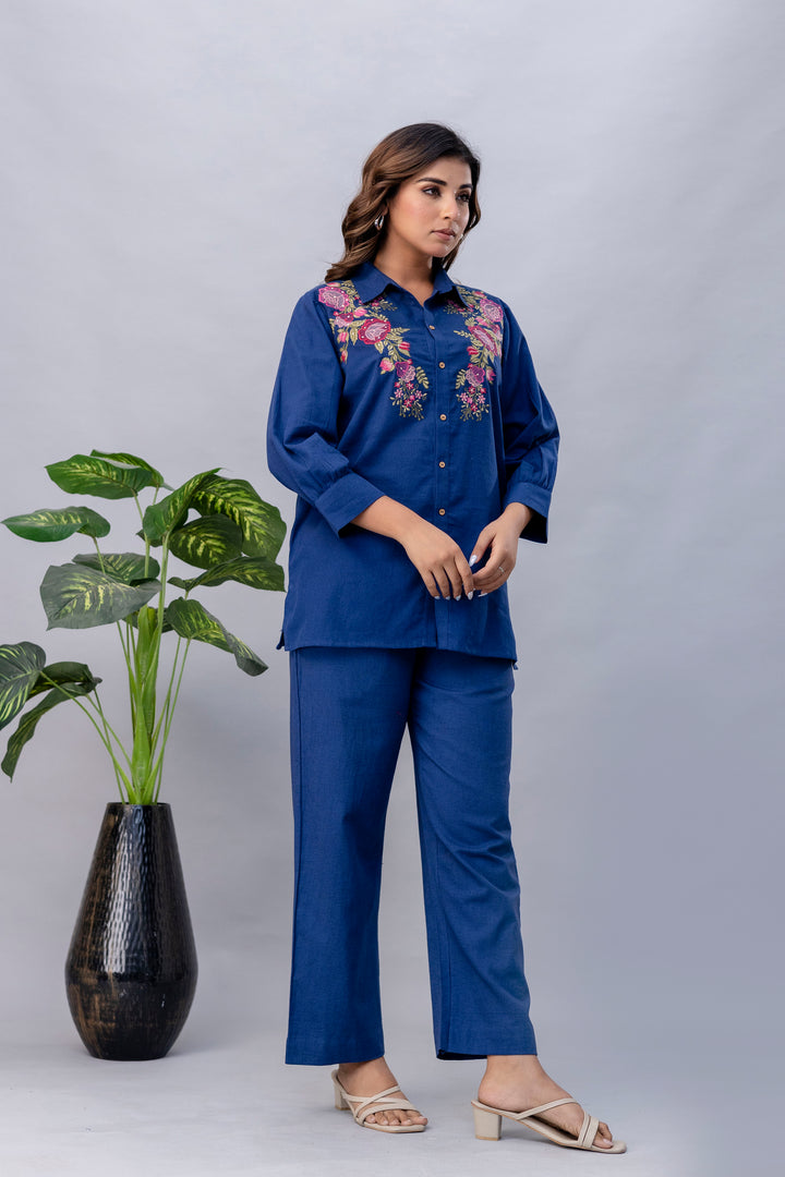 Viyona Cobalt Floral Embroidered Cotton Co-ord Set