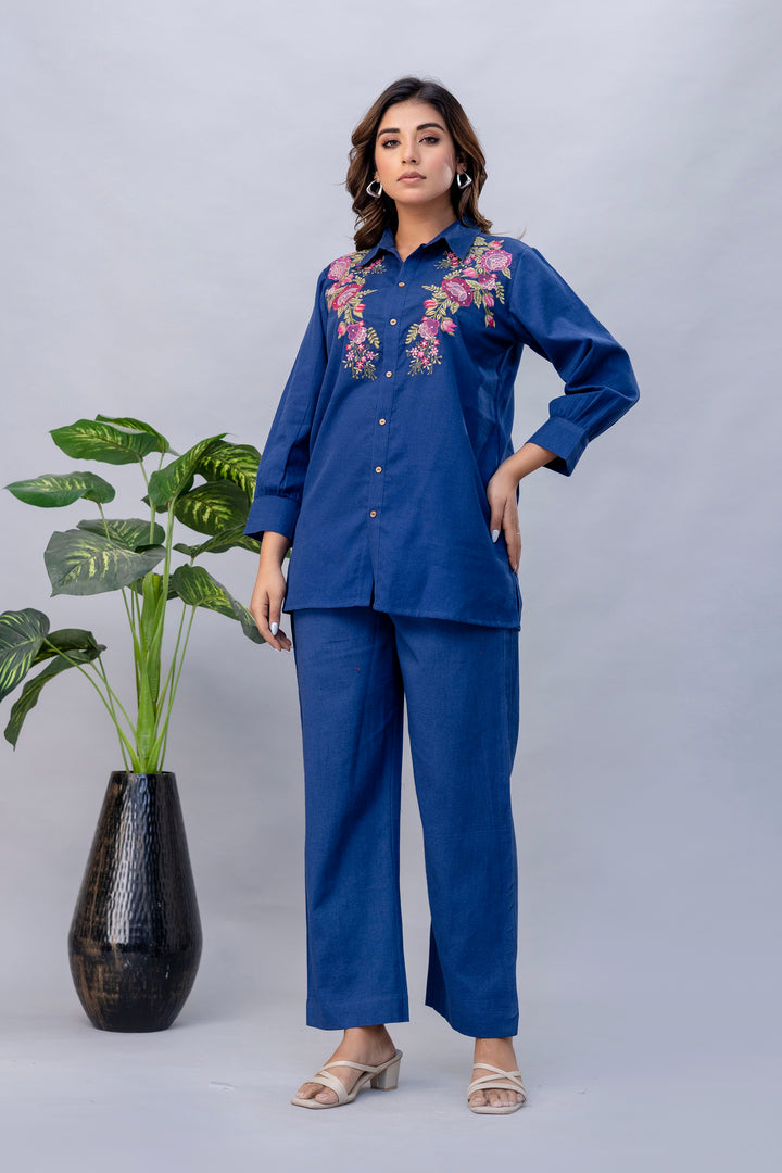 Viyona Cobalt Floral Embroidered Cotton Co-ord Set