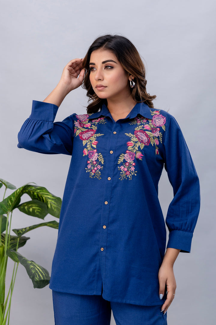 Viyona Cobalt Floral Embroidered Cotton Co-ord Set