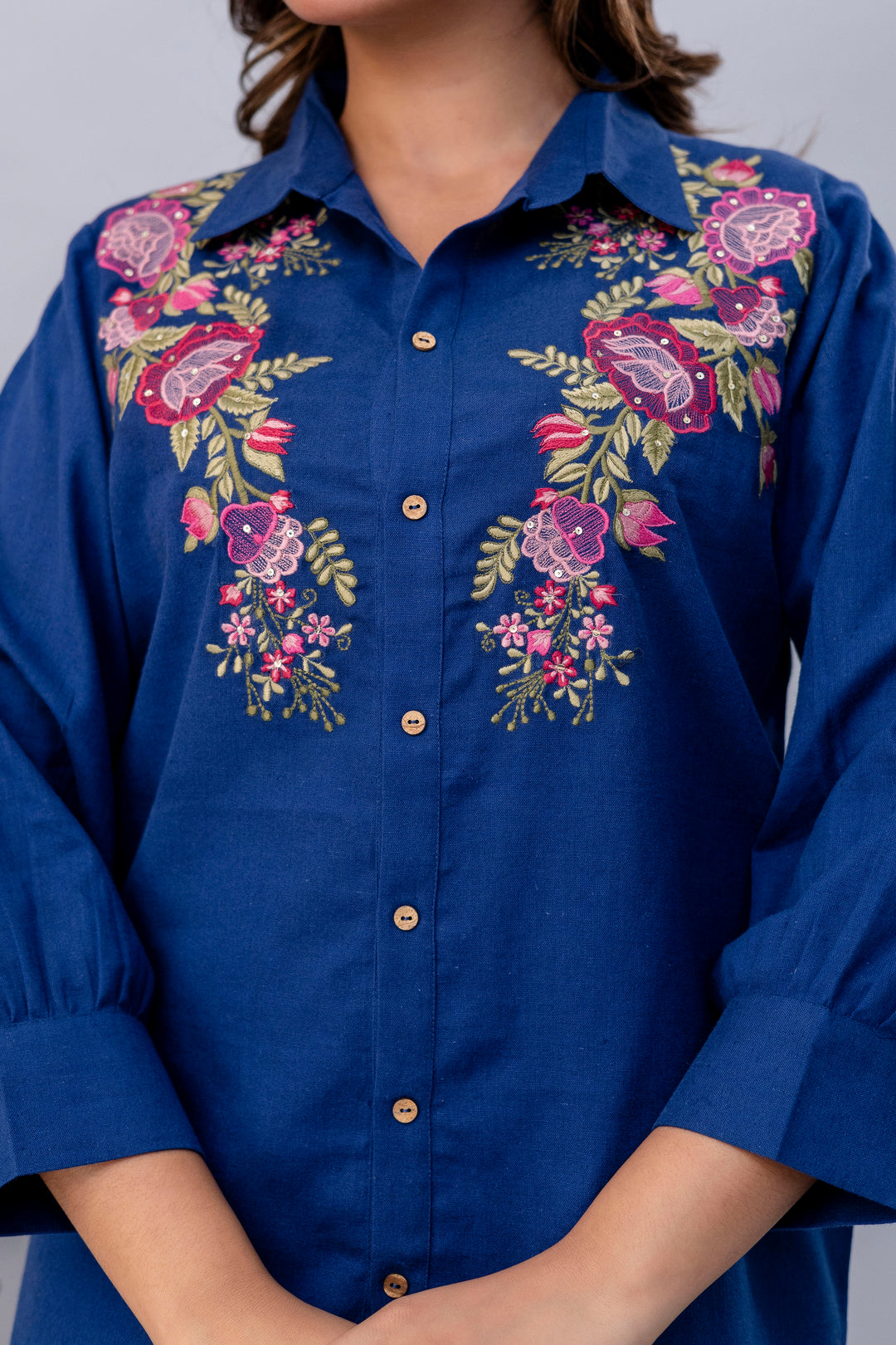 Viyona Cobalt Floral Embroidered Cotton Co-ord Set