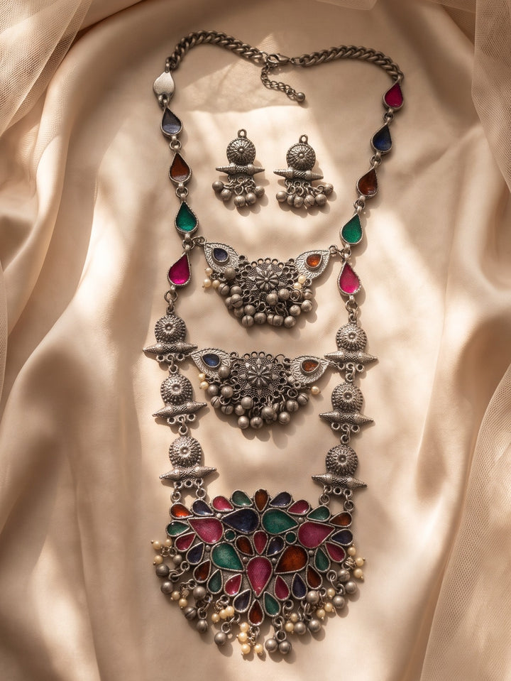 Meenakshi Meenakarie Oxidized Three Layer Neckless