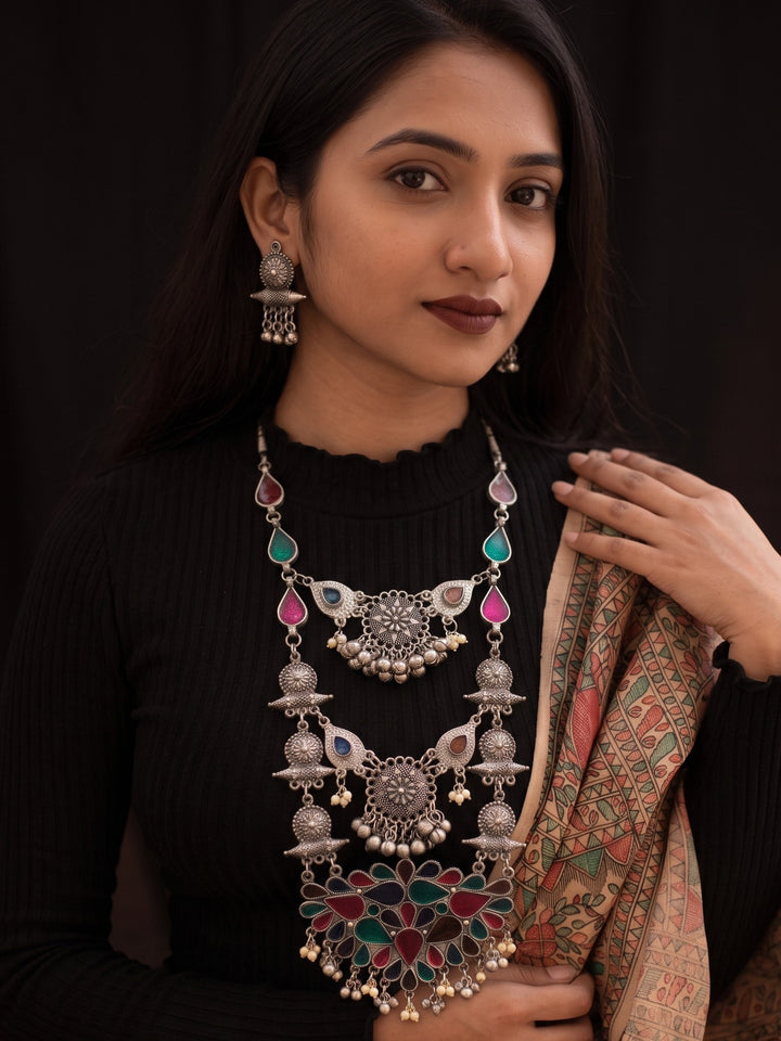 Meenakshi Meenakarie Oxidized Three Layer Neckless