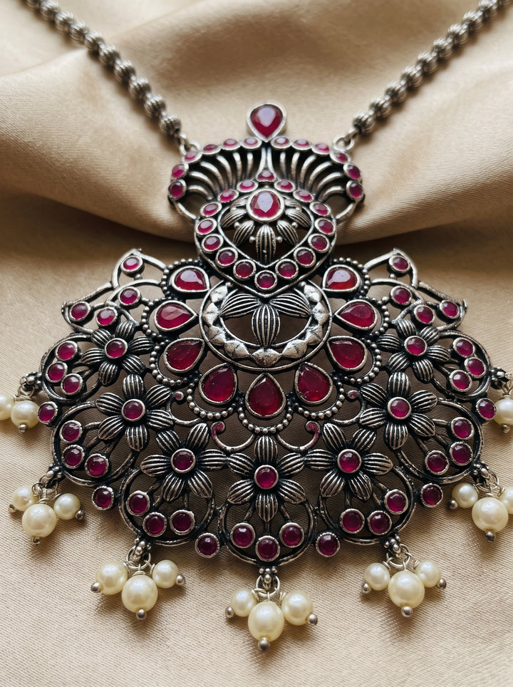 Meenakshi Multicolour Meenakarie Silver Pendant Chain With Earring