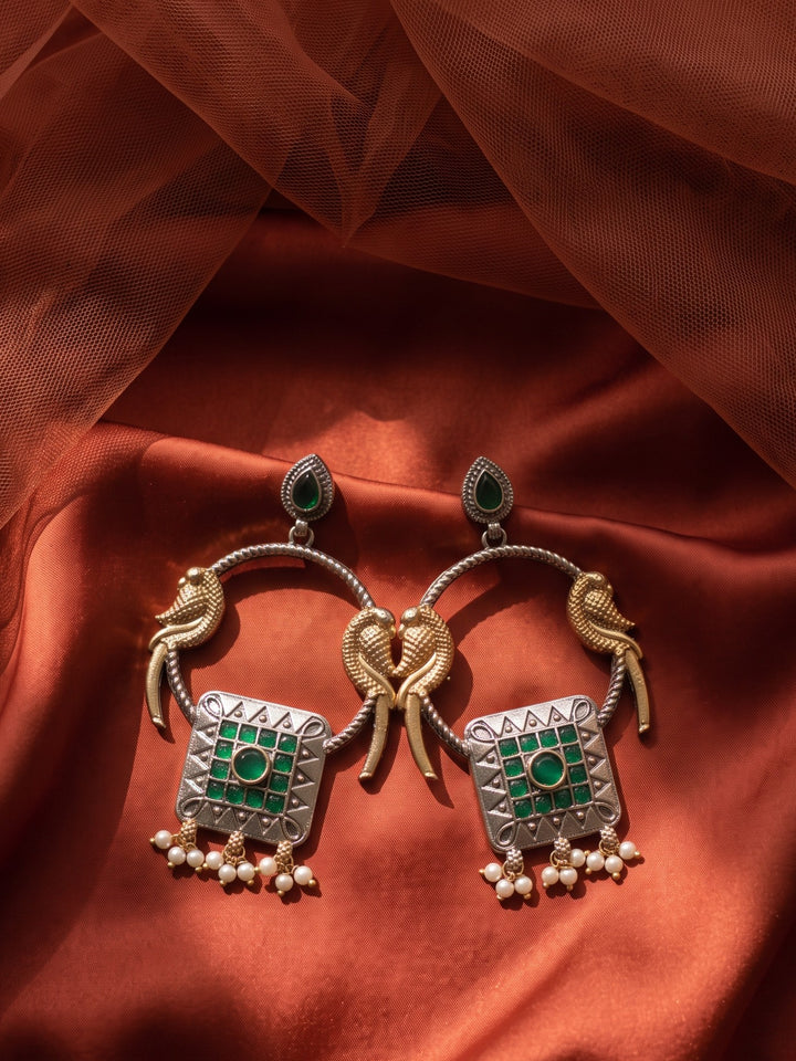 Rajwara Duel tone Oxidised Green Bali Earring