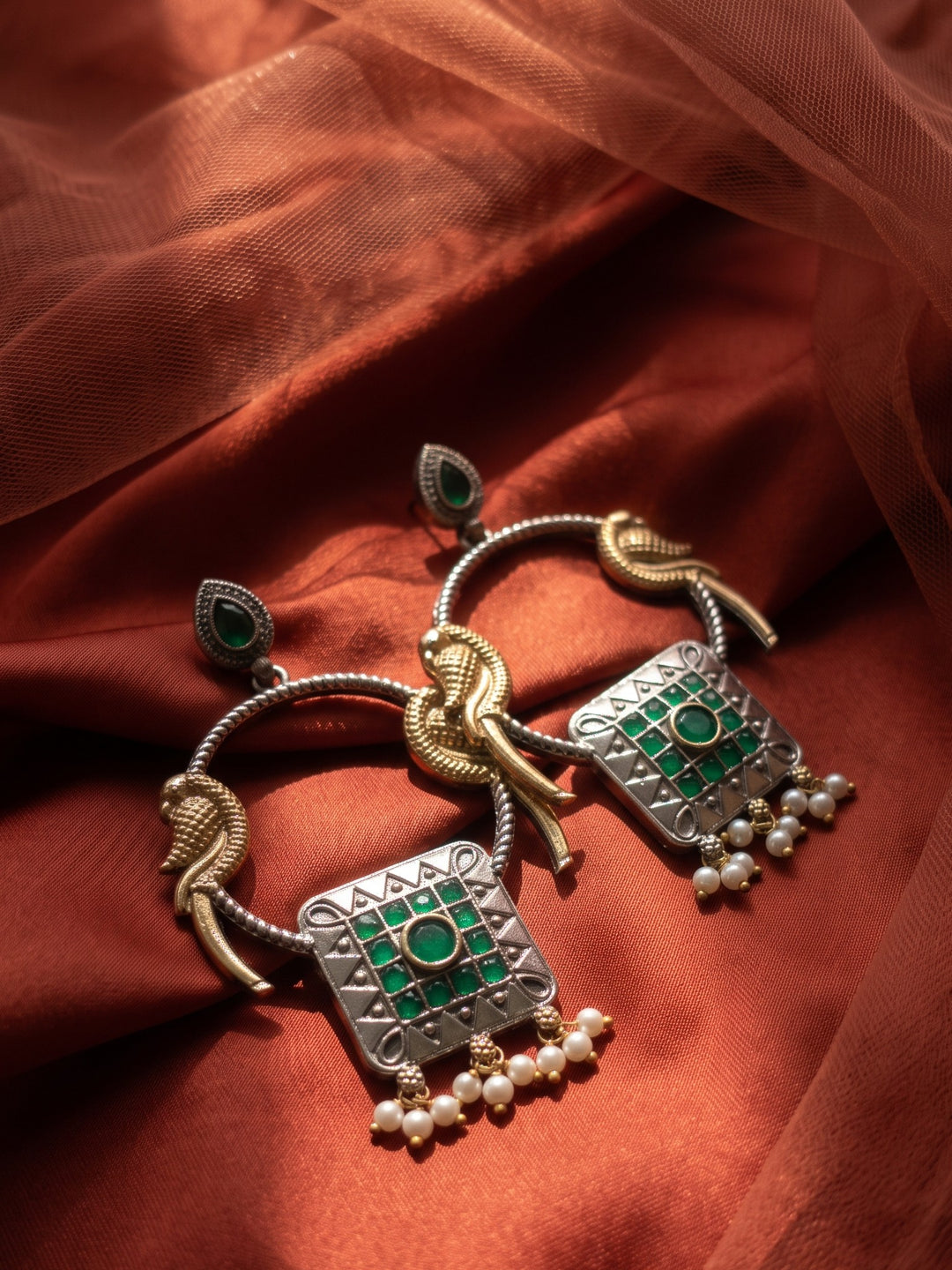 Rajwara Duel tone Oxidised Green Bali Earring