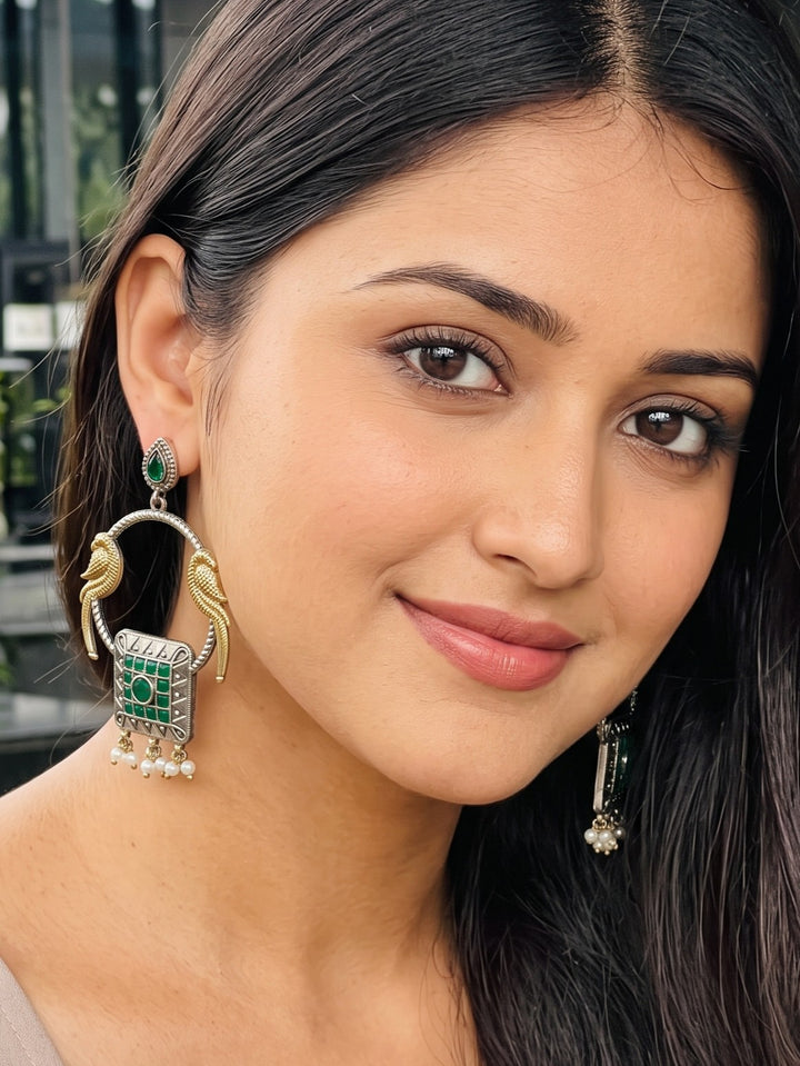Rajwara Duel tone Oxidised Green Bali Earring