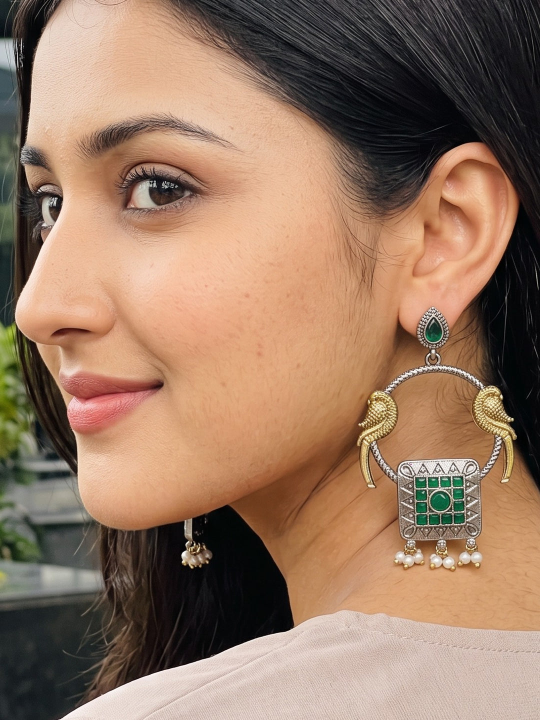 Rajwara Duel tone Oxidised Green Bali Earring