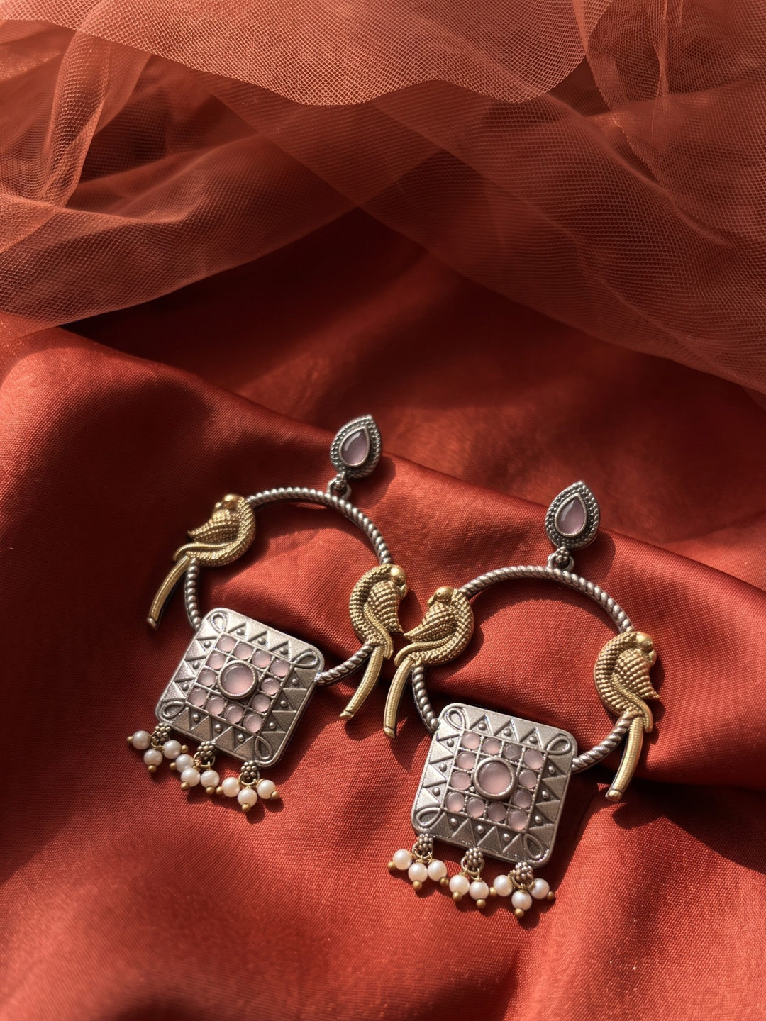 Rajwara Duel tone Oxidised Pink Bali Earring