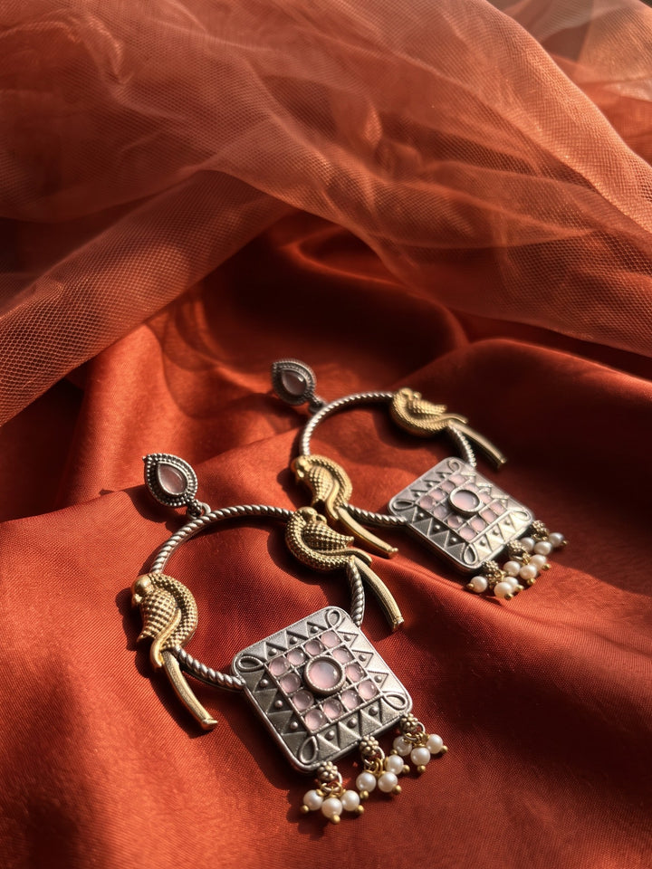 Rajwara Duel tone Oxidised Pink Bali Earring