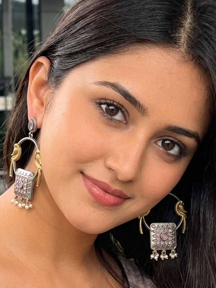 Rajwara Duel tone Oxidised Pink Bali Earring