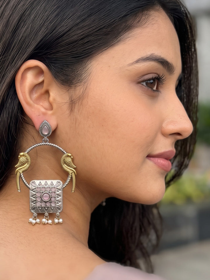 Rajwara Duel tone Oxidised Pink Bali Earring