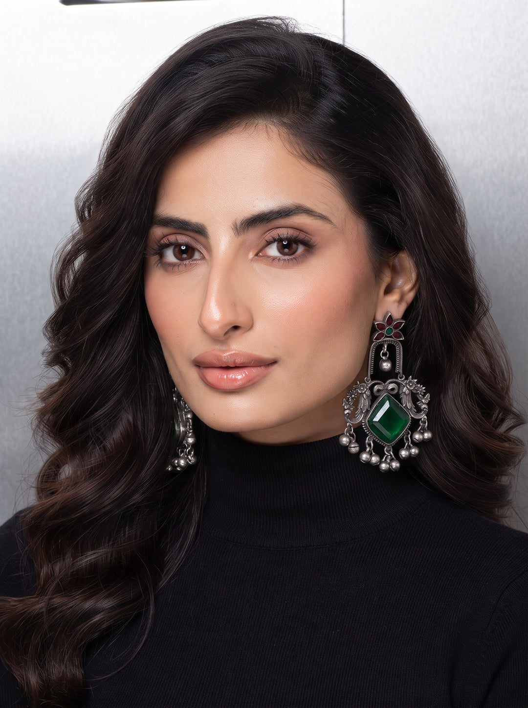 Rajwara Green Kashmiri Oxidised Bali Earring