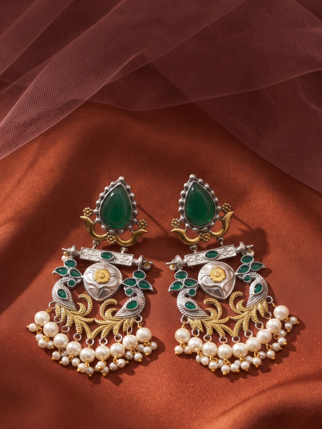 Rajwara Duel tone Oxidised Moti Jhalar Earring