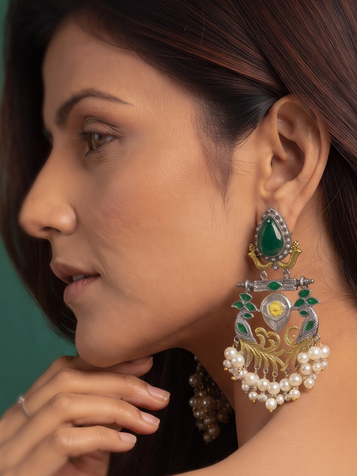 Rajwara Duel tone Oxidised Moti Jhalar Earring