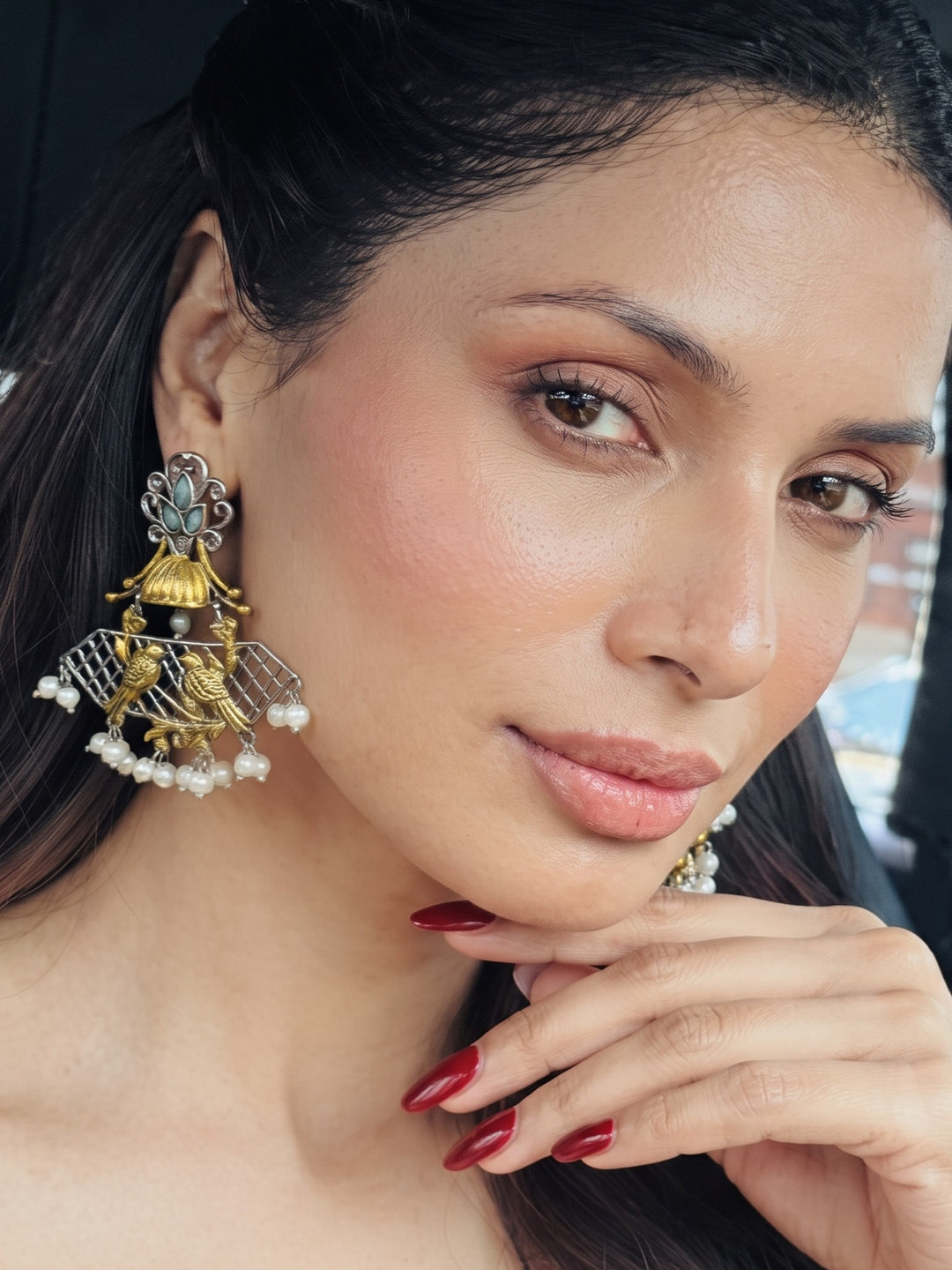Rajwara Duel tone Oxidised Pearl Earring