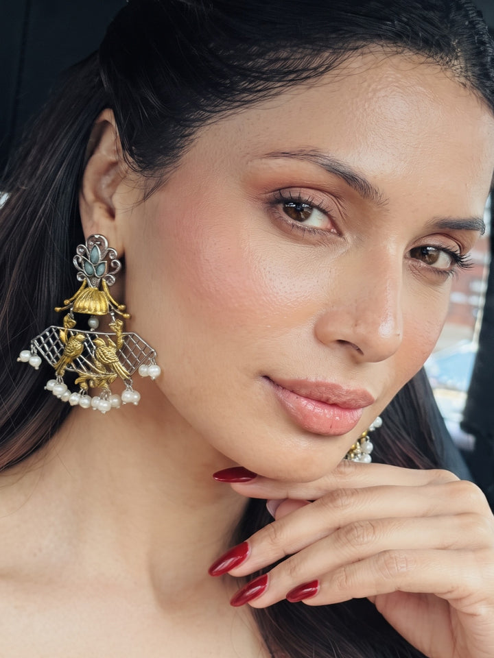 Rajwara Duel tone Oxidised Pearl Earring