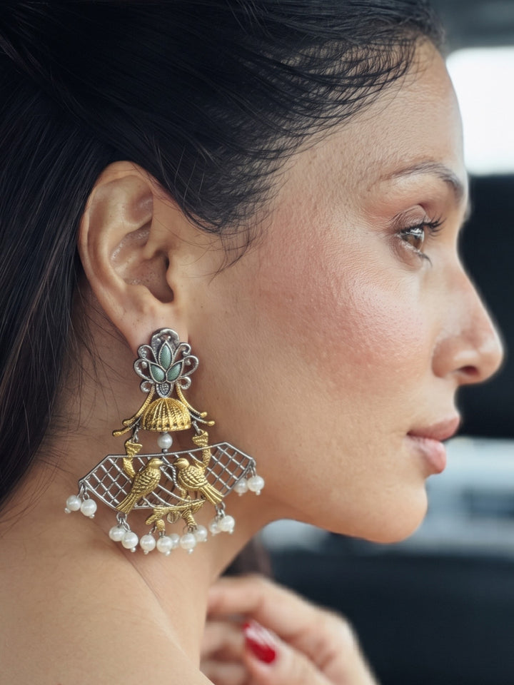 Rajwara Duel tone Oxidised Pearl Earring