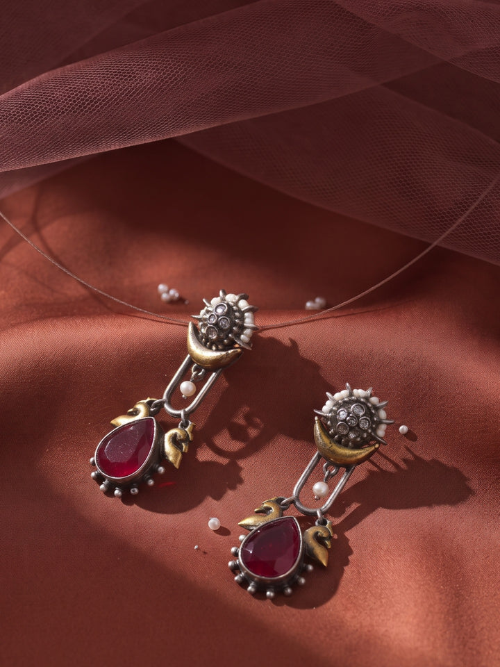 Rajwara Duel tone Oxidised Read Peacock Drop Earring