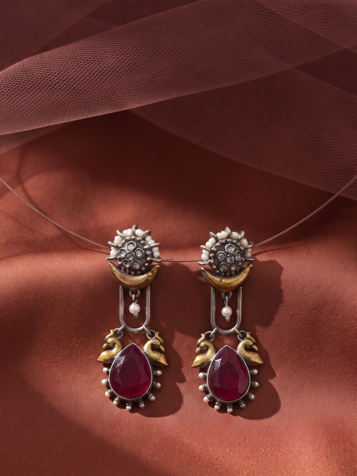Rajwara Duel tone Oxidised Read Peacock Drop Earring