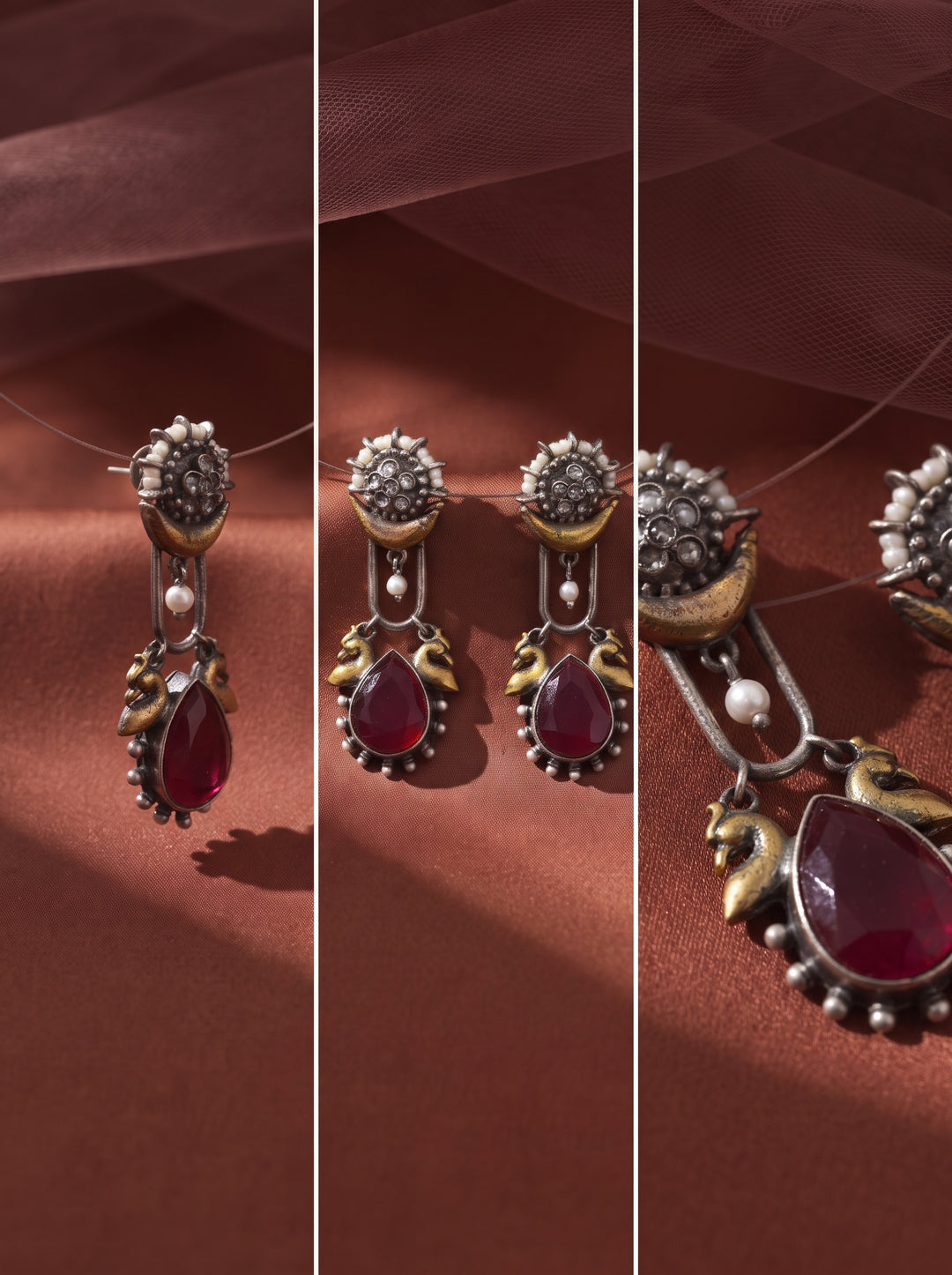 Rajwara Duel tone Oxidised Read Peacock Drop Earring
