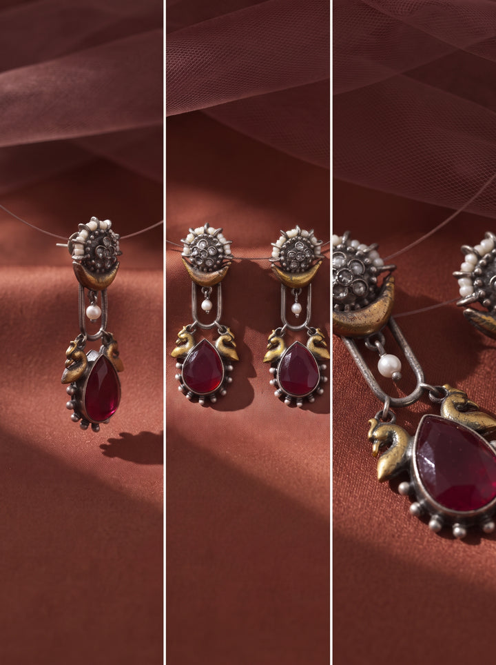 Rajwara Duel tone Oxidised Read Peacock Drop Earring
