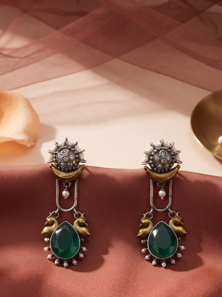Rajwara Duel tone Oxidised Green Peacock Drop Earring