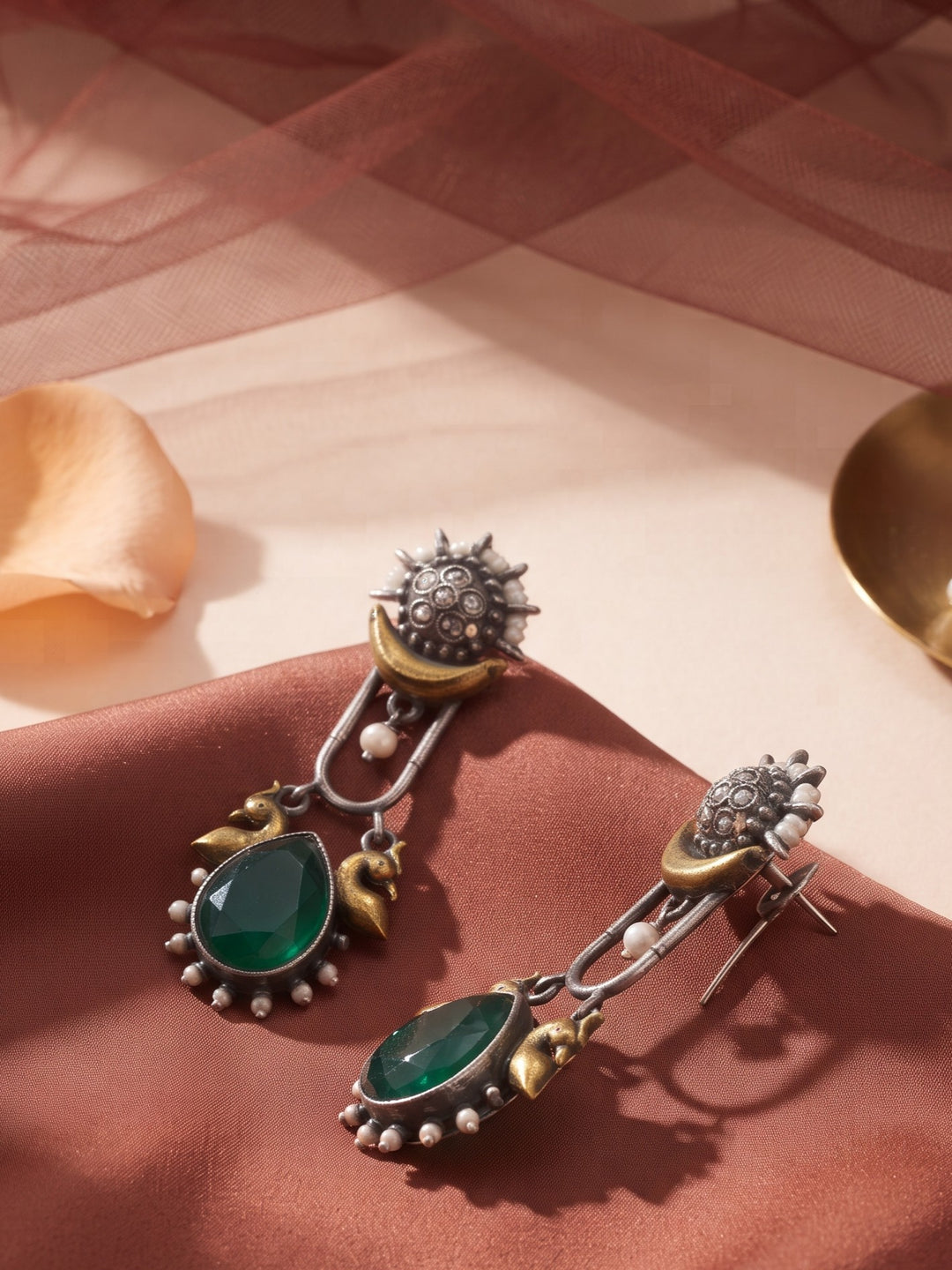 Rajwara Duel tone Oxidised Green Peacock Drop Earring