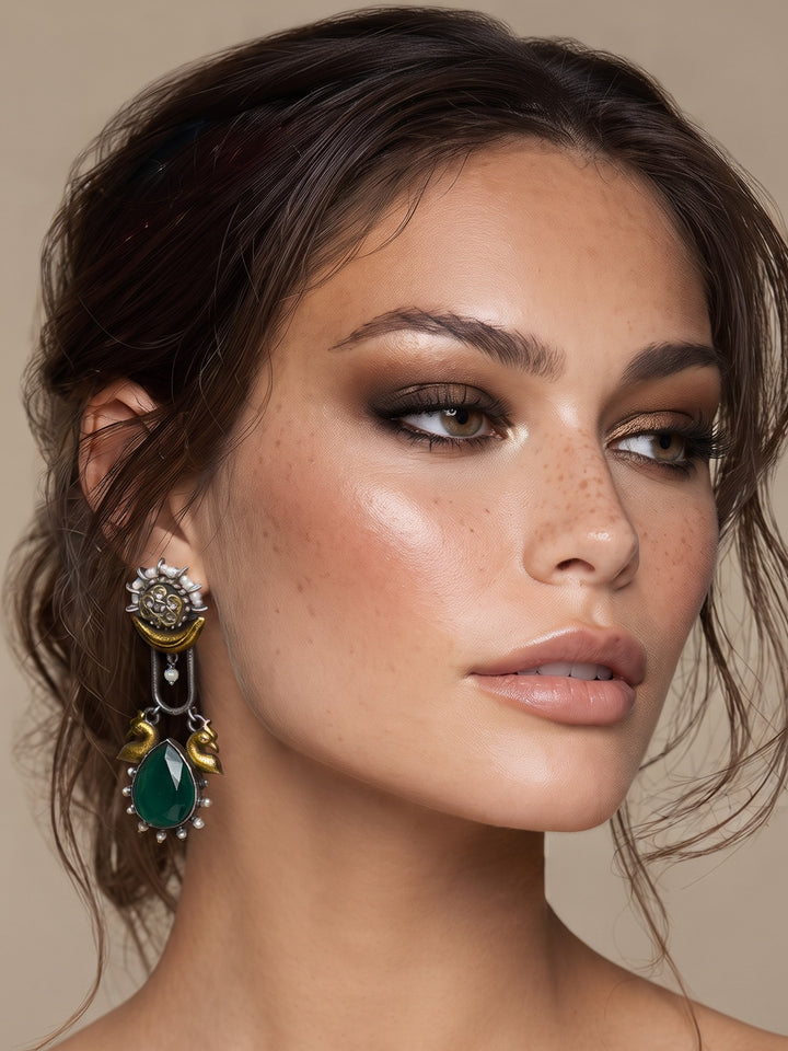 Rajwara Duel tone Oxidised Green Peacock Drop Earring
