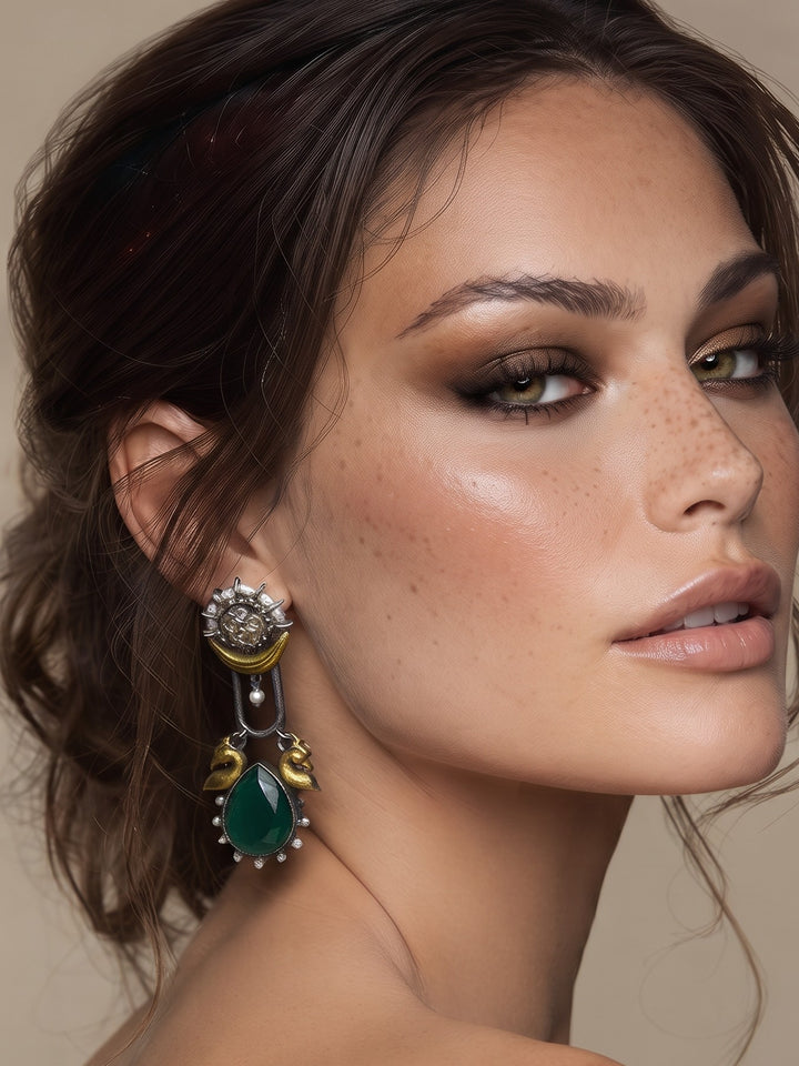 Rajwara Duel tone Oxidised Green Peacock Drop Earring