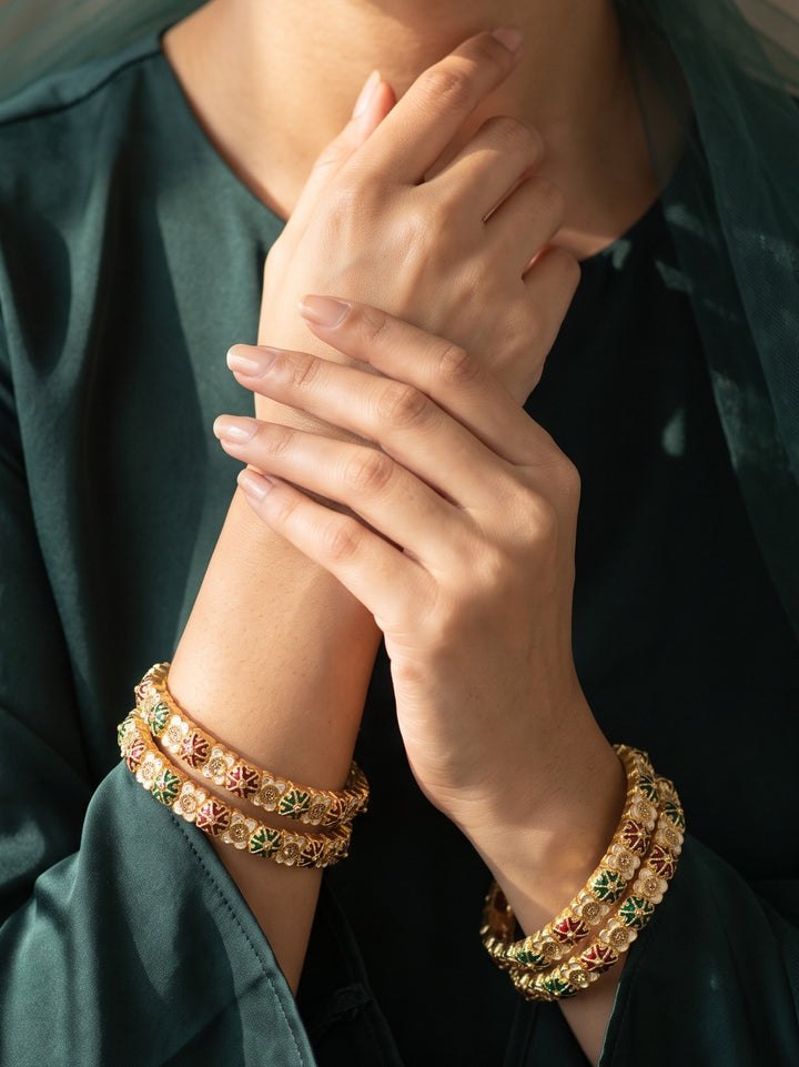 Rajwadi Gold Plated Floral Meenakari Bangles