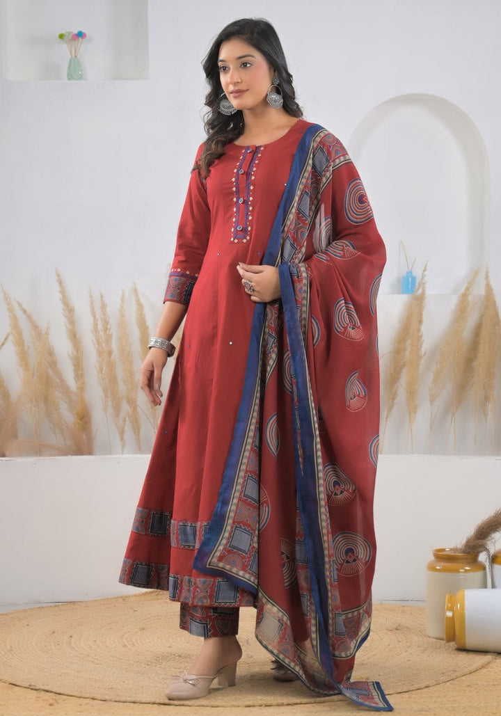 Ridhika Carmine cotton anarkali suit set