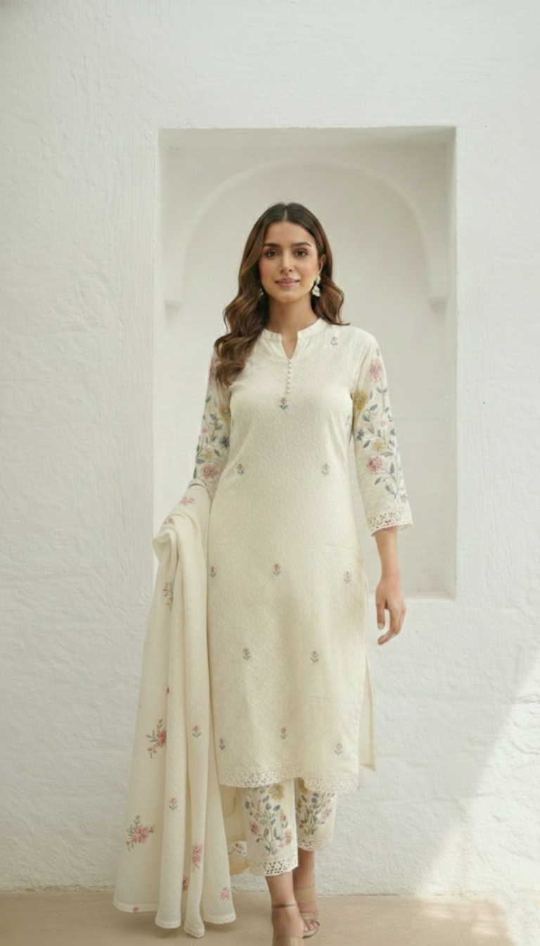 Kirti Mist Cotton Embroidered Suit Set