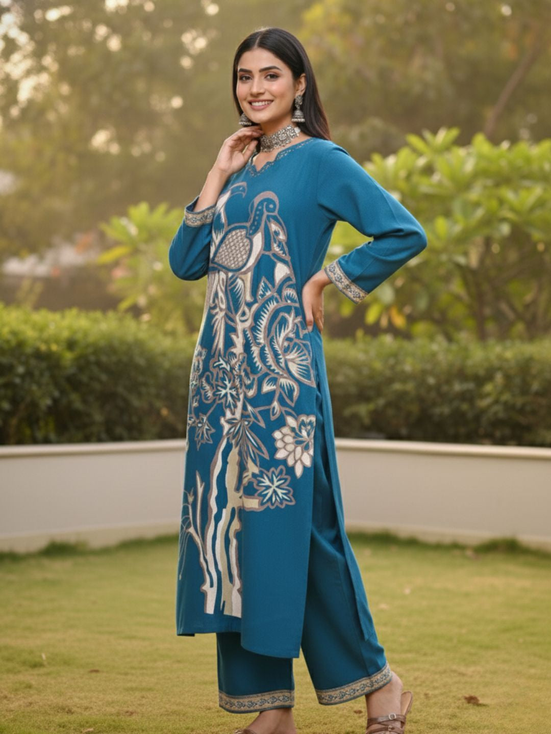 Kabool Peacock Printed Kurta Pant Set
