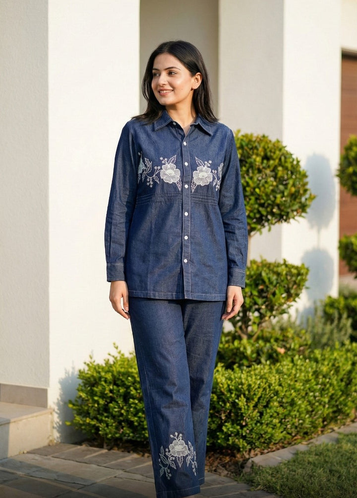 Poppi cobalt embroidery denim co-ord set