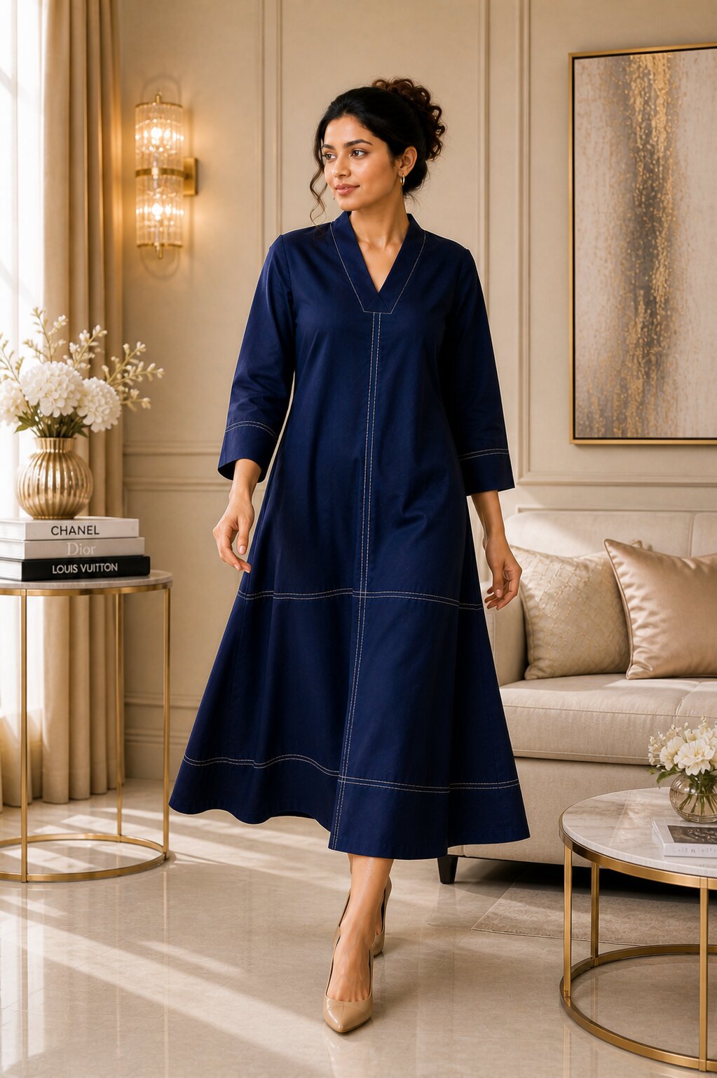 Akshara navy cotton midi dress