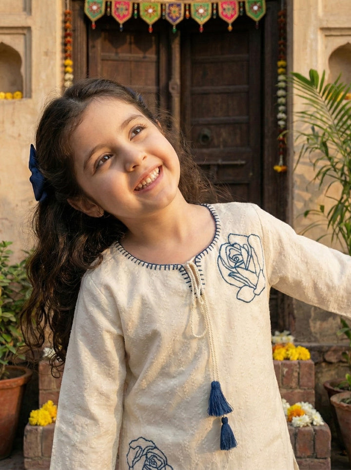 Joy vanilla embroidery kids cotton kurta set