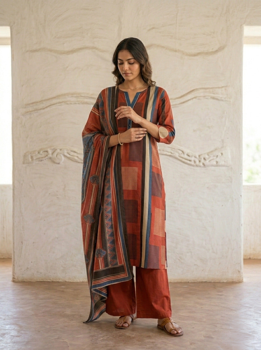 Swades garnet cotton printed suit set