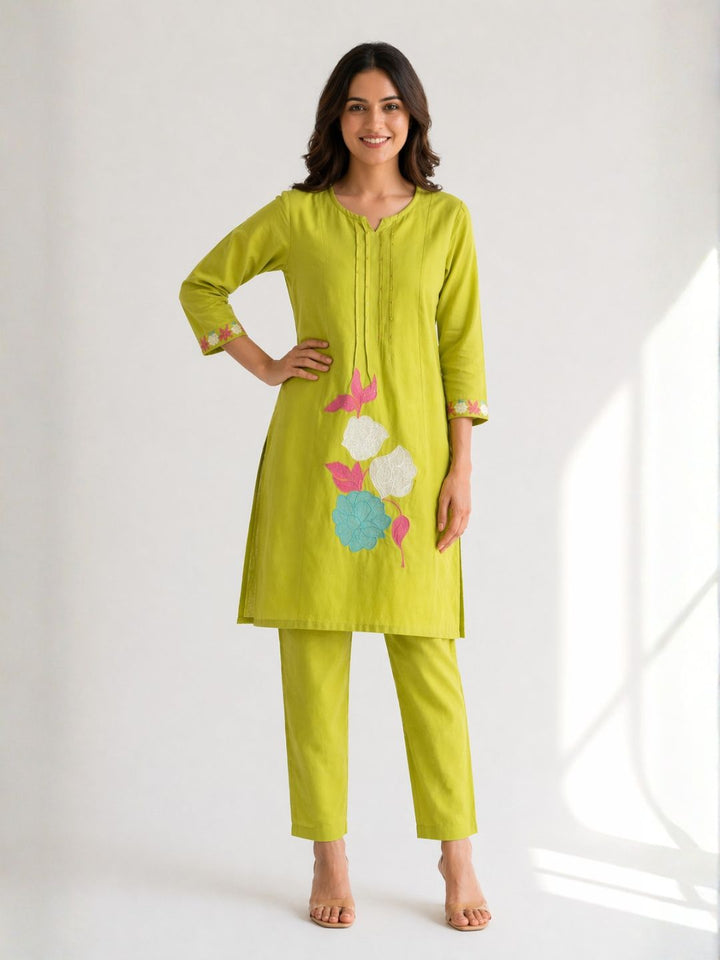 Jayna Lime Embroidered Kurta Pant Set